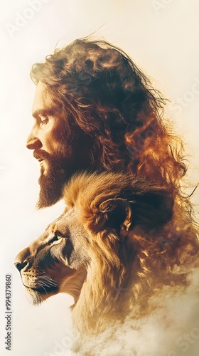 Jesus and a lion, double exposure photography, white background, surreal portrait style