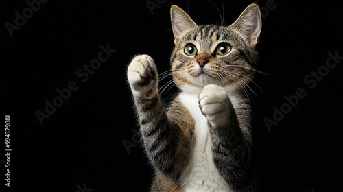 Playful tabby cat with raised paws against a dark background during indoor playtime