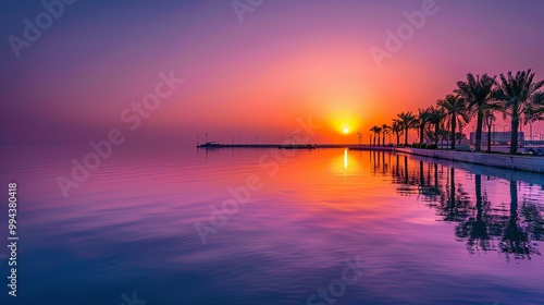 Marvel at the breathtaking sunrise over the tranquil waters of Al Khobar's seaside in Saudi Arabia.