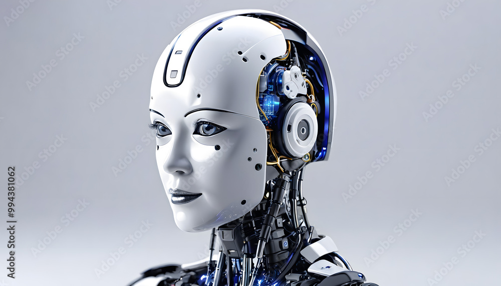 Artificial intelligence robot working at computer in office. IT team, Humanoid support center, Futuristic worker, Work at call center. Generative AI