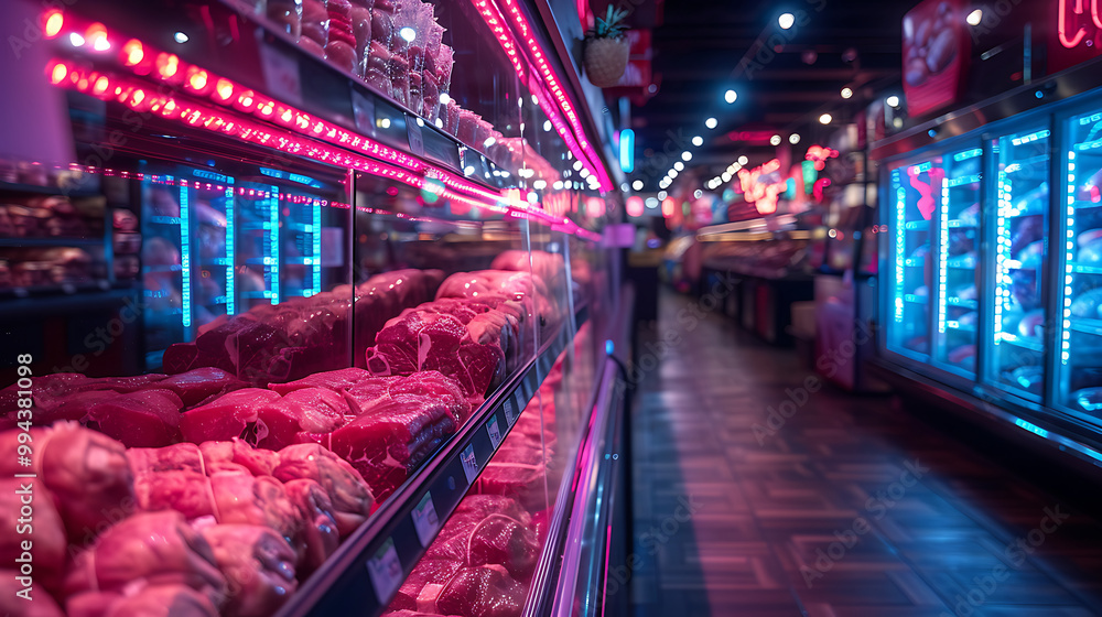 Obraz premium Meat aisle with various cuts displayed in a refrigerated grocery section. close-up of a meat fridge in a grocery store filled with various cuts of fresh meat various cuts of beef, pork and other meats