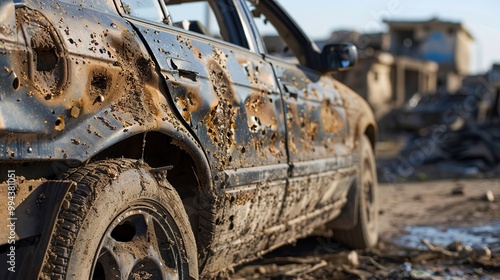 military damaged a car during a civilian evacuation, riddling it with bullets. The car bears evidence of the attack, as shrapnel and bullet holes are visible on its body.