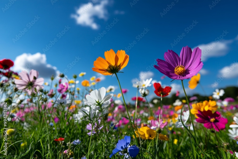 A field of wildflowers swaying in the breeze, with colorful petals standing out against a blue sky A field of wildflowers swaying in the breeze, with colorful petals standing out against a blue sky