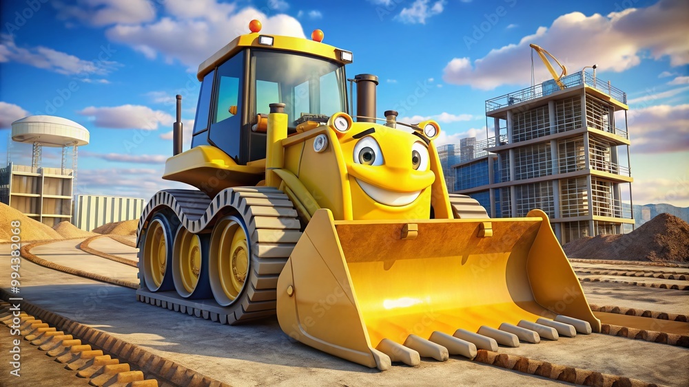 Playful Cartoon Bulldozer with a Bright Yellow Body and Friendly Expression on a Construction Site Playful Cartoon Bulldozer with a Bright Yellow Body and Friendly Expression on a Construction Site