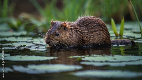 Wild animal Muskrat eats on the lake