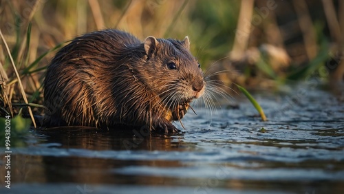 Wild animal Muskrat eats on the lake