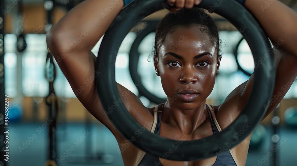Muscular African gymnast showcases her strength and focus during a workout at the gym, using rings to support her body. Muscular African gymnast showcases her strength and focus during a workout at the gym, using rings to support her body.