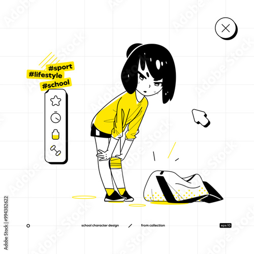 School Vector Character in Anime Style. Black Yellow Variant. The Young School Girl is Staying After Some Sport Activity and Looking at Us