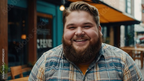 Young beautiful plus size man with beard smiling