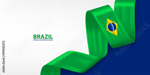 Brazil 3D ribbon flag. Bent waving 3D flag in colors of the Brazil national flag. National flag background design.