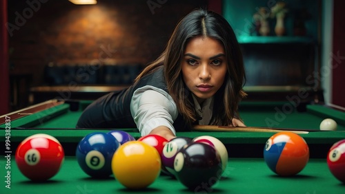 Young brazilian woman placing colorful pyramid of billar