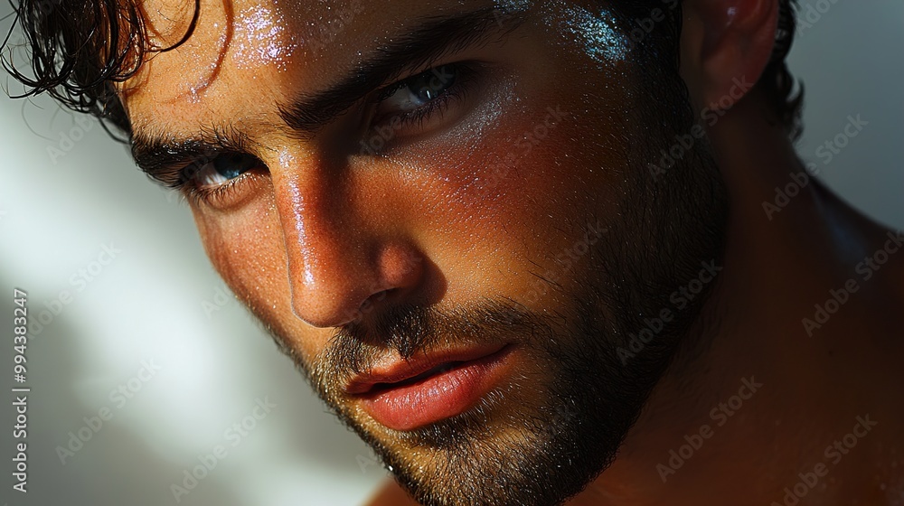Intense Male Portrait with Blue Eyes and Sunlit Skin Intense Male Portrait with Blue Eyes and Sunlit Skin