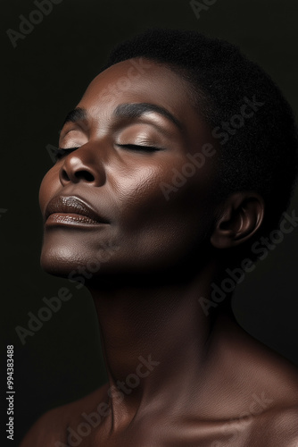 A woman with a dark complexion is wearing a lot of makeup