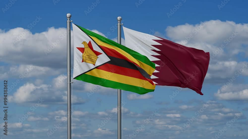 Qatar and Zimbabwe flags flying together, video concept of the relationship, two country cooperation concept Qatar and Zimbabwe flags flying together, video concept of the relationship, two country cooperation concept