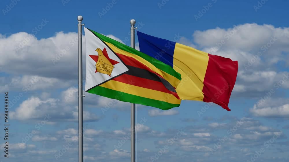 Romania and Zimbabwe flags flying together, video concept of the relationship, two country cooperation concept Romania and Zimbabwe flags flying together, video concept of the relationship, two country cooperation concept