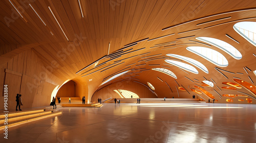 A large wooden building with people walking around it photo