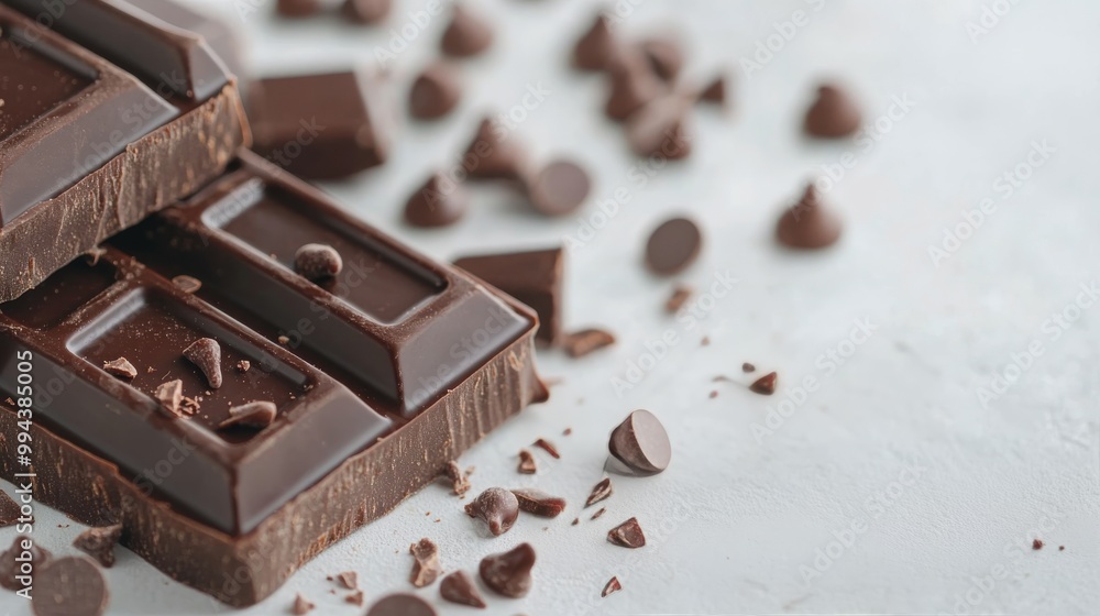 Delicious chocolate pieces and chips scattered on a white surface ready for baking or snacking Delicious chocolate pieces and chips scattered on a white surface ready for baking or snacking