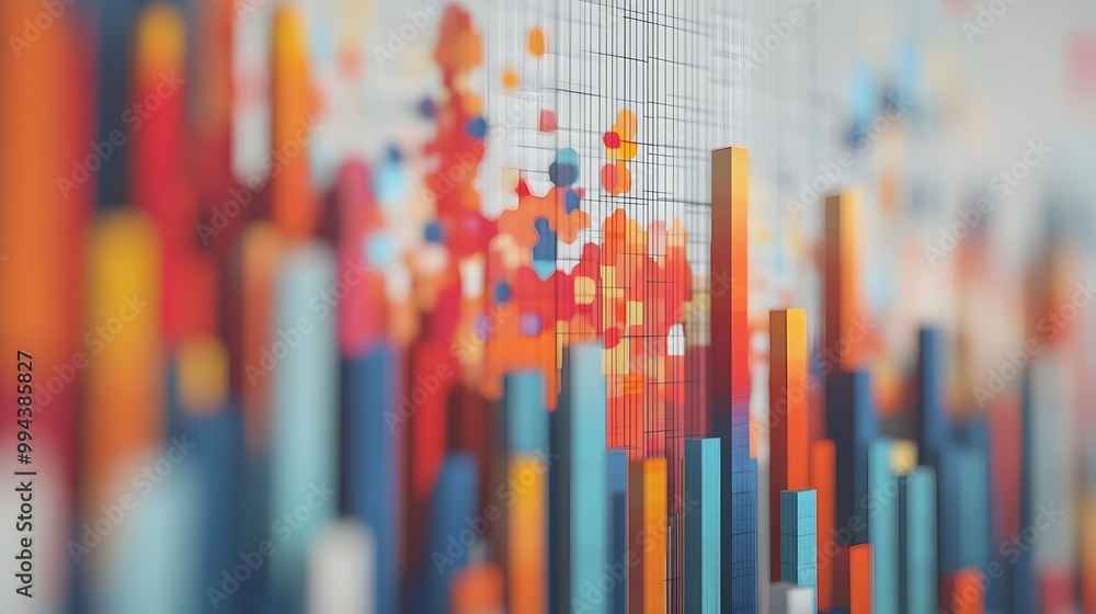 Abstract 3D Geometric Shapes with a Grid Pattern and Colorful Bars Abstract 3D Geometric Shapes with a Grid Pattern and Colorful Bars