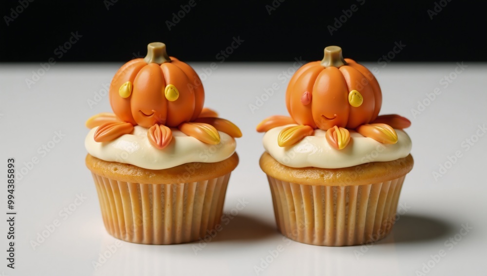 Two pumpkin-topped cupcakes depicted realistically Two pumpkin-topped cupcakes depicted realistically