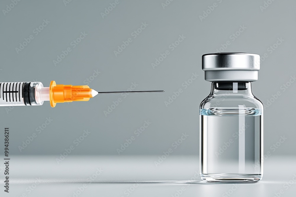A hyper-realistic image of a vial of liquid medication being drawn into ...