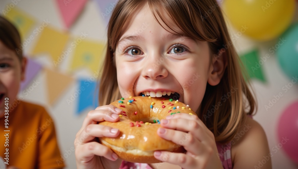 Kid savoring doughnut during a fun-filled birthday celebration Kid savoring doughnut during a fun-filled birthday celebration