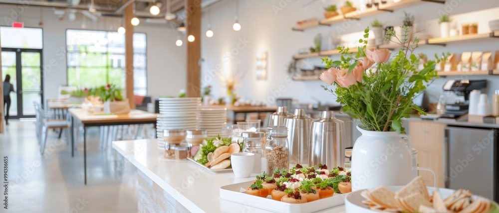 A bright, inviting café featuring fresh food displays, greenery, and a modern interior, perfect for relaxation and socializing. A bright, inviting café featuring fresh food displays, greenery, and a modern interior, perfect for relaxation and socializing.