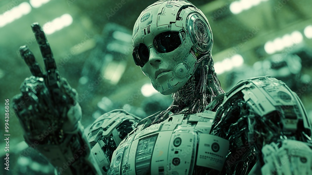 Futuristic Robot with Peace Sign - AI and Cyborg Concept Futuristic Robot with Peace Sign - AI and Cyborg Concept