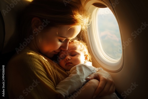 Mother is embracing her baby who is sleeping peacefully during a flight