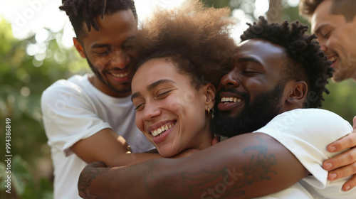 A group of young people hugging each other in a park