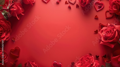 A romantic flat lay of vibrant red roses and heart shapes on a deep red background, perfect for love-themed designs.