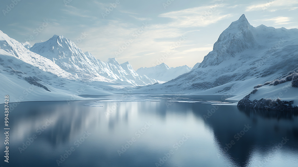 Snowy mountains reflected in the lake. 3d render illustration. Snowy mountains reflected in the lake. 3d render illustration.