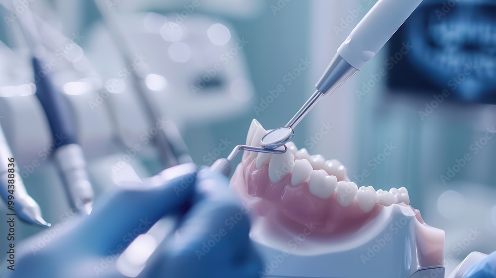 Close-up of dental tools examining a model of teeth in a modern dental clinic. Focus on oral health and hygiene. Close-up of dental tools examining a model of teeth in a modern dental clinic. Focus on oral health and hygiene.