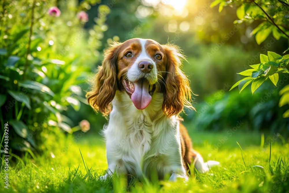 Playful Spaniel Dog in a Lush Green Garden Enjoying a Sunny Day with a Wagging Tail and Joyful Playful Spaniel Dog in a Lush Green Garden Enjoying a Sunny Day with a Wagging Tail and Joyful