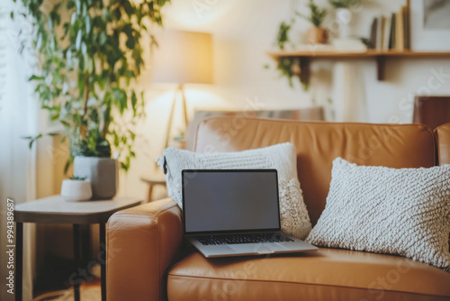 Wallpaper Mural Cozy living room with a laptop on a leather couch, surrounded by soft pillows and indoor plants, warm lighting. Copy space Torontodigital.ca