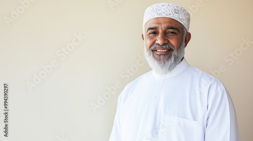 Portrait of a MiddleAged Sunni Muslim Cleric of Indian Heritage in Traditional White Attire, Smiling
