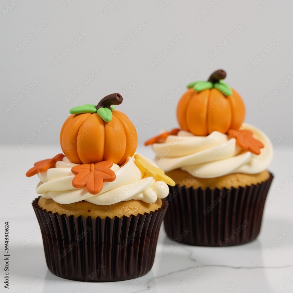 Two pumpkin-topped cupcakes depicted realistically Two pumpkin-topped cupcakes depicted realistically