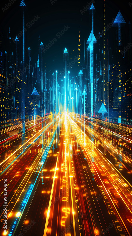 Futuristic Digital Landscape with Data Streams featuring glowing arrows pointing upwards, with vibrant lines of light. Background filled with abstract city-like structures and binary code Futuristic Digital Landscape with Data Streams featuring glowing arrows pointing upwards, with vibrant lines of light. Background filled with abstract city-like structures and binary code