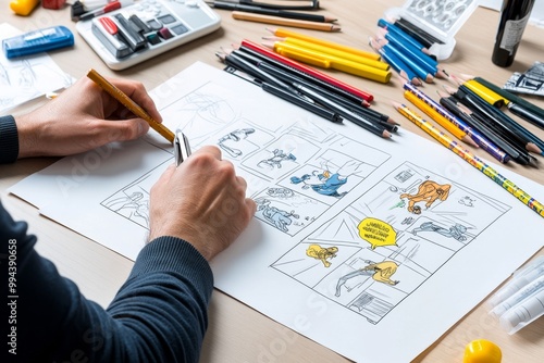 A person sketching a comic book story at a drawing table, with pencils, markers, and storyboards spread out