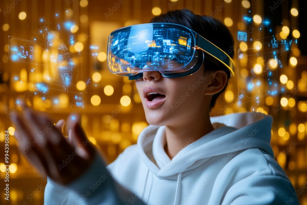 A person telling a story through augmented reality glasses, with digital visuals appearing around them as they speak A person telling a story through augmented reality glasses, with digital visuals appearing around them as they speak