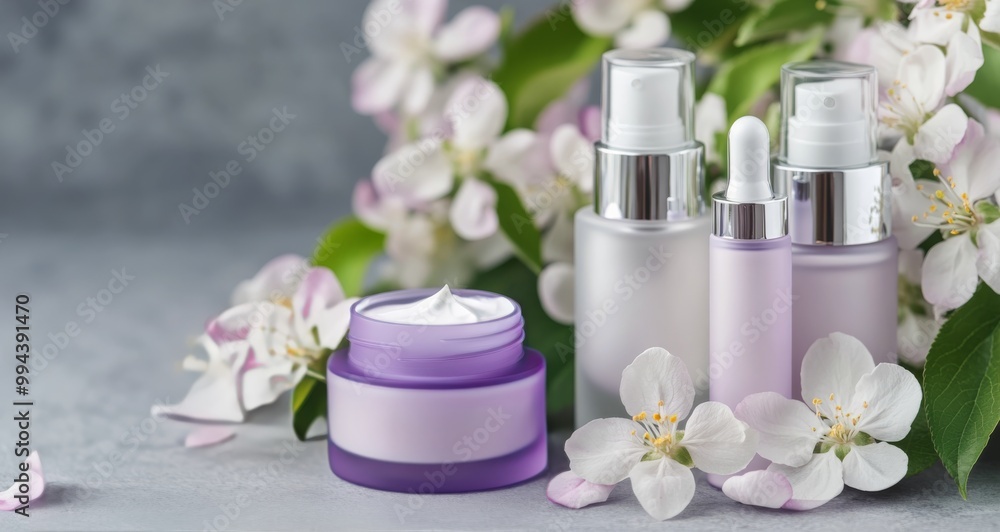 Beautiful cosmetic products arranged elegantly with delicate flowers on a tranquil background Beautiful cosmetic products arranged elegantly with delicate flowers on a tranquil background