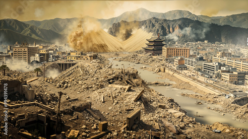 A view of a city with a large pile of rubble in the foreground photo