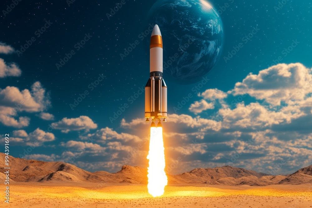 Naklejka premium A rocket launching from a Mars base, returning to Earth after a successful mission