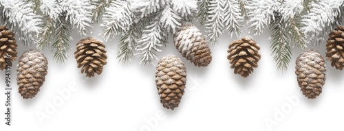 A beautifully arranged Christmas garland featuring snow, pine cones, and green branches on a white background, perfect for holiday-themed designs and decorations