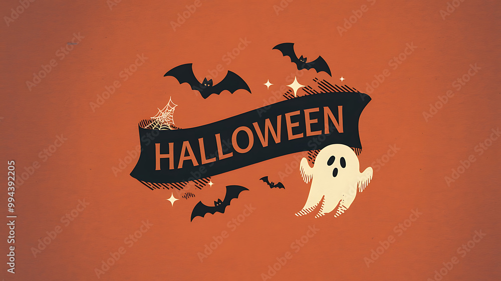 Black bats and a white ghost on an orange background, Halloween celebration, spooky and fun.
Black bats and a white ghost on an orange background, Halloween celebration, spooky and fun.