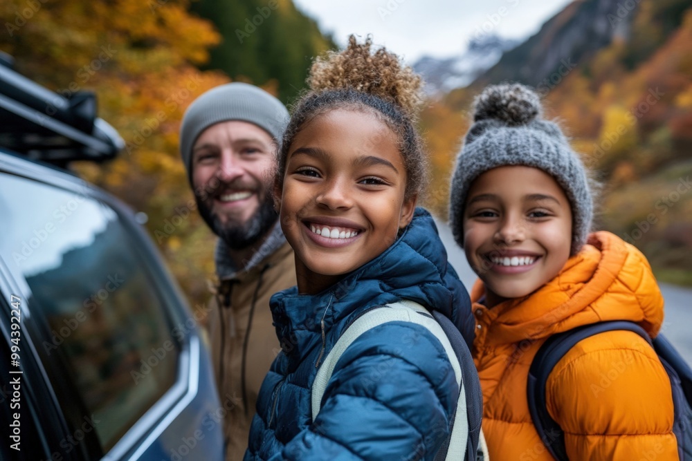 Family is smiling during a road trip stop in the mountains Family is smiling during a road trip stop in the mountains