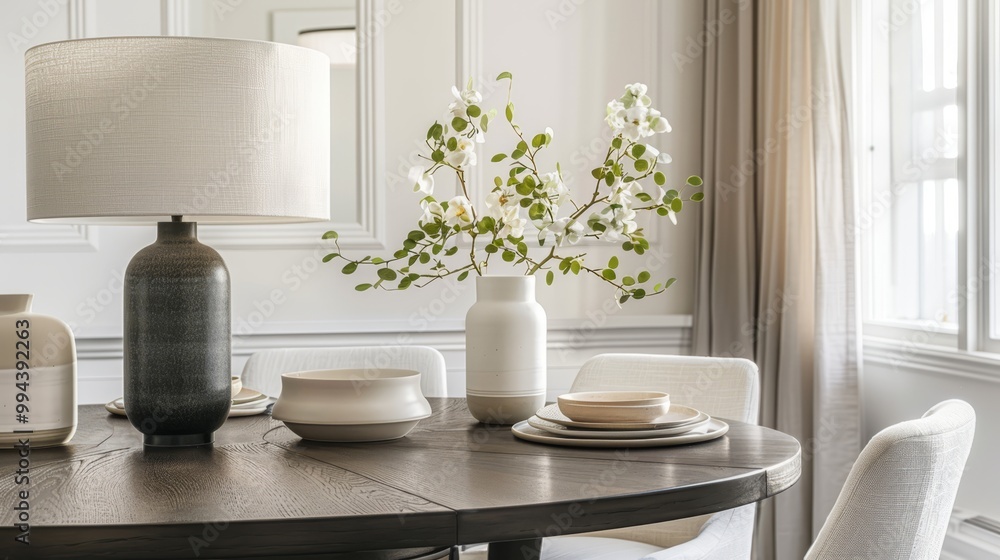 Modern dining area with a stylish lamp, elegant tableware, and decorative floral arrangement during daylight Modern dining area with a stylish lamp, elegant tableware, and decorative floral arrangement during daylight