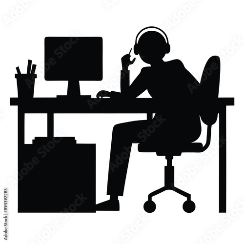 a black silhouette of a person sitting at a desk. The person is sitting on a high-back office chair with their legs crossed and their hands resting on the armrests of the chair 