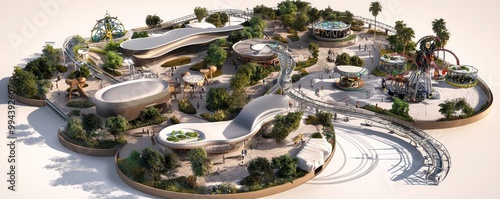 Architectural plan of a high-tech amusement park, featuring AR experiences, eco-friendly rides, and sustainable food courts photo