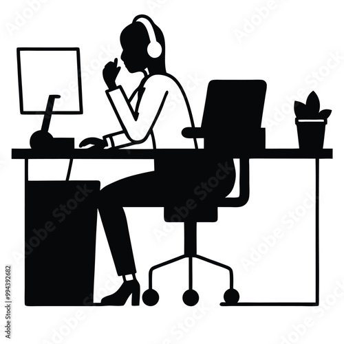 a black silhouette of a person sitting at a desk. The person is sitting on a high-back office chair with their legs crossed and their hands resting on the armrests of the chair 