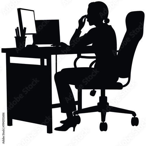 a black silhouette of a person sitting at a desk. The person is sitting on a high-back office chair with their legs crossed and their hands resting on the armrests of the chair 